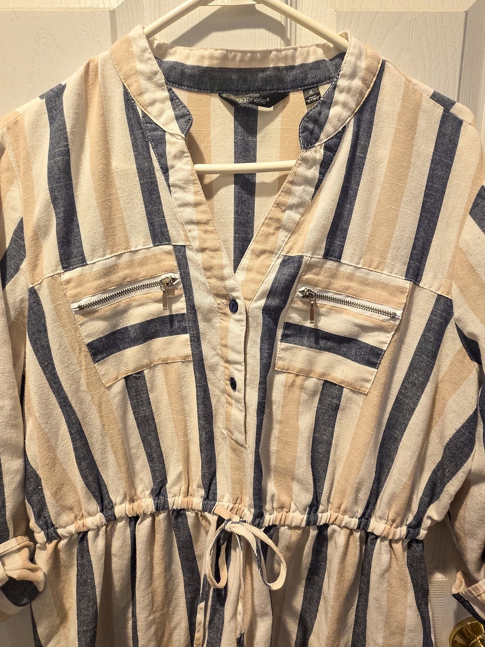 Mlle Gabrielle Striped Popover Top in Blue and Cream - Picture 3 of 4